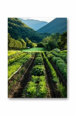 Lush Vegetable Garden in the Mountains During Golden Hour.