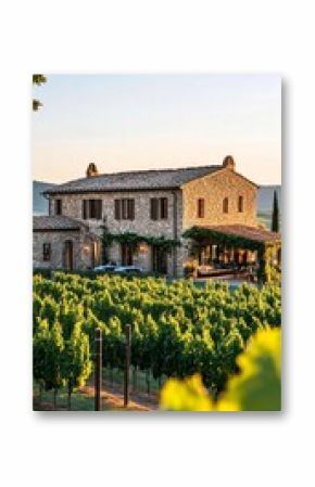 Charming Vineyard Estate Under Sunset Glow Near Rolling Hills in Tuscany, Italy