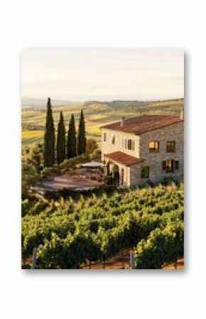 Charming Vineyard Estate Under Sunset Glow Near Rolling Hills in Tuscany, Italy.