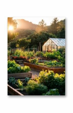Greenhouse in a Lush Garden at Sunset With Vibrant Plants and Raised Beds.