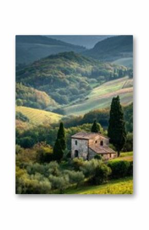 Rolling Vineyards Surround a Rustic Stone House With Lush Green Hills Under Cloudy Sky in Tuscany.