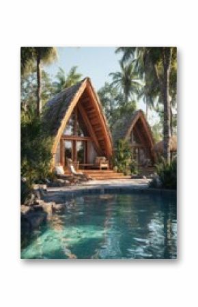 Tropical Villa With Pool Surrounded by Lush Palm Trees at Sunset.