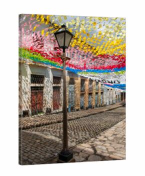 Brazil: daily life and skyline, a street lamp and the colorful decorations in the alleys of Sao Luis, the capital and largest city of the Brazilian state of Maranhao