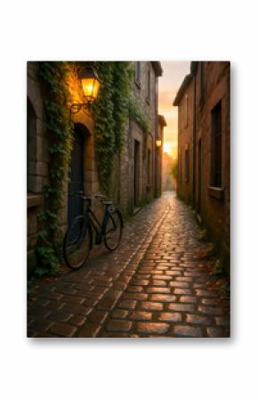 Charming cobblestone alley with bicycle at sunset glow