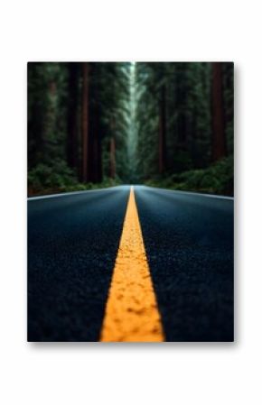 Asphalt Road Through Misty Forest with Yellow Center Line