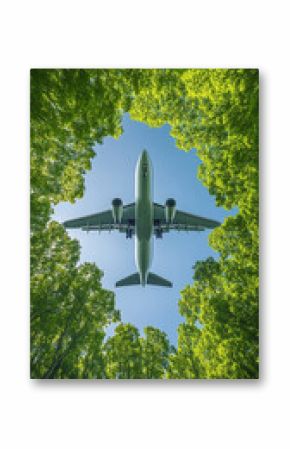 Airplane flies overhead on a bright day framed by lush green trees. Symbolizing sustainable aviation and eco-friendly transport, showcasing innovation in green and future-forward transportation soluti