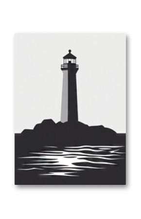 Simple black and white silhouette of a lighthouse on rocks.