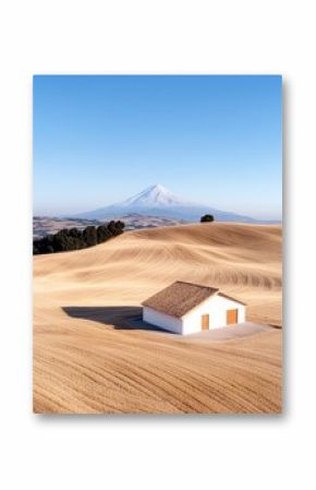 Small White Farmhouse in Vast Golden Wheat Field with Distant Volcano