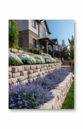 A stunning image of landscaping with retaining walls and flowerbeds in residential house backyard.