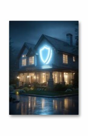 A stunning image of modern house with glowing shield symbolizing home insurance protection.