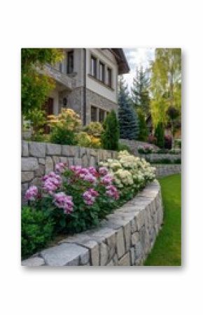 A stunning image of landscaping with retaining walls and flowerbeds in residential house backyard.