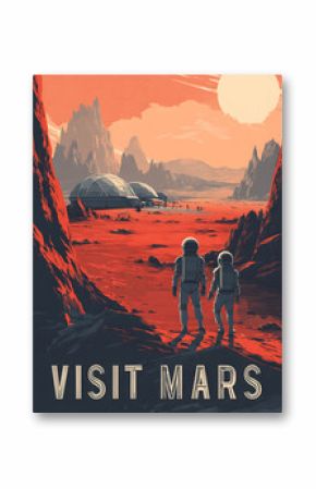 Futuristic Sci-Fi Poster of Mars - Retro Travel Print Featuring Red Planet and Astronauts