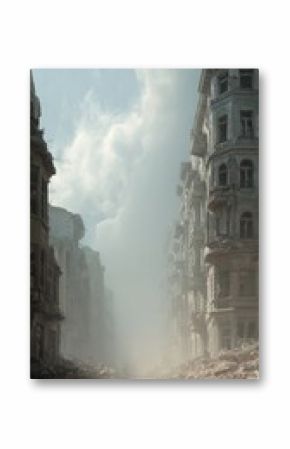 A stunning image of post-war urban landscape shows bombed out buildings, destruction, damage. City street full of ruin, debris, collapsed houses in mist. World War II aftermath.