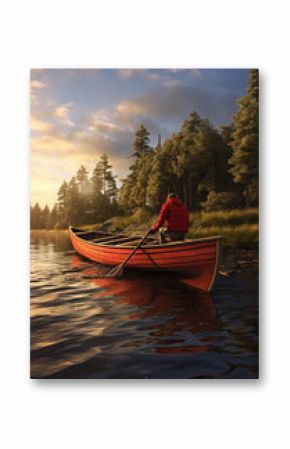 A lone figure rows a red canoe across a tranquil lake, surrounded by lush trees and bathed in the golden hues of sunset, symbolizing peace, solitude, and introspection.