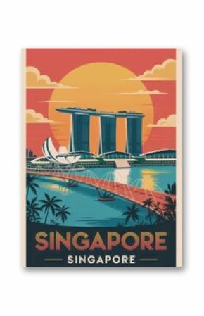 Vintage Travel Poster of Marina Bay Sands and Skyline, Singapore  