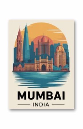 Vintage Travel Poster of Gateway of India and Skyline, Mumbai, India  