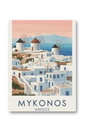 Vintage Travel Poster of Mykonos Windmills and White Houses, Greece