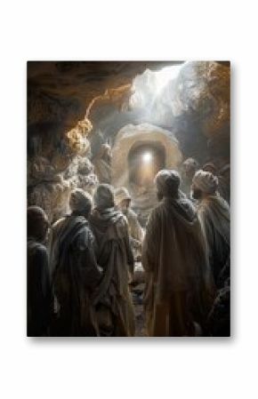 The sobriety of the tomb carved into the rock and the light of Lazarus' face, disciples' figures