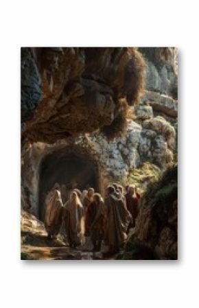 The sobriety of the tomb carved into the rock and the light of Lazarus' face, disciples' figures