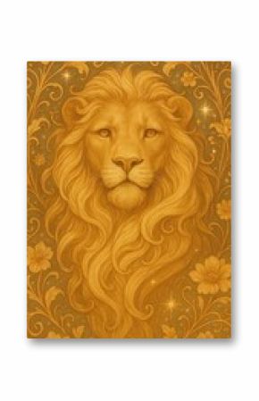 Majestic lion surrounded by flowers.