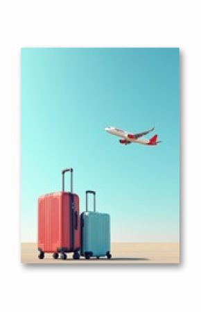 Stylish luggage in vibrant colors sits on a sandy terrain as a plane soars above, capturing the essence of travel and adventure.