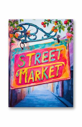 Vibrant painting of a Street Market sign hanging on a floral decorated street. Evokes themes of community, local produce, shopping, and summer freshness. Ideal for market ads.