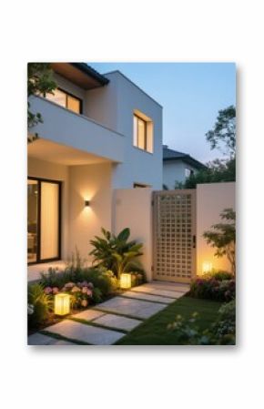 Modern House Exterior with Illuminated Pathway and Landscaping