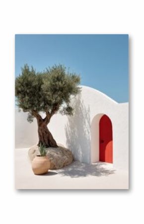 A small olive tree in front of a white building with a red door