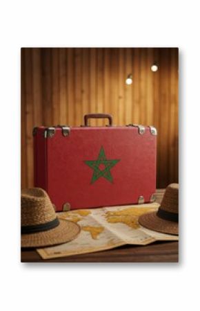 Vintage Suitcase with Morocco Flag, Hats, and a World Map for Travel Adventure