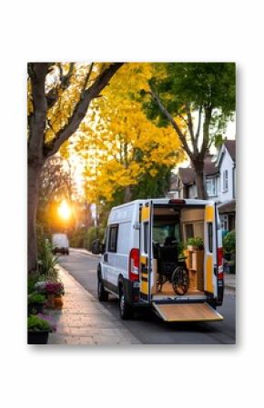 Accessible van in a residential street at sunset