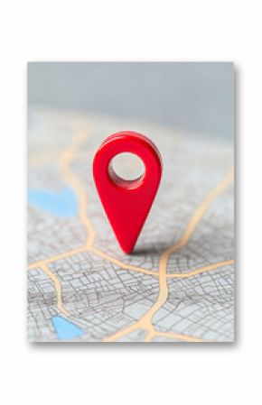 Red pin on map, location marker, navigation tool. Symbol of place, destination, and point of interest. Close up for focus.