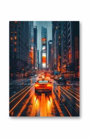 On a rainy night a taxi cab drives along the roads of New York City