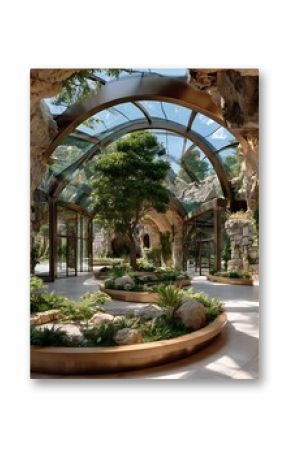 Green oasis under futuristic glass canopy high resolution picture