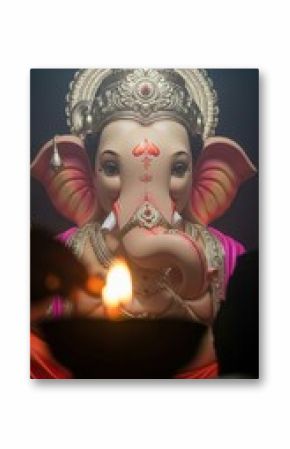 Ai generated image of closeup of a ganesh statue with a lit lamp
