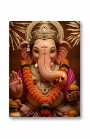Ai generated image of a beautiful ganesha statue sits adorned with flowers and sweets