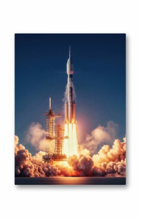 Rocket launch with fire and smoke against a blue sky.