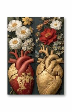 Two Anatomical Hearts Adorned with Red and Gold Flowers