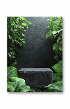 ultra HD picture of Black Stone podium between green plant leaves with space for placing products high detail 8k