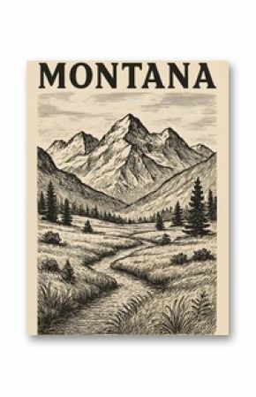 Vintage Montana Scenic Landscape Illustration Art Poster 