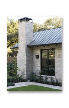 Modern architectural design showcases a beautifully crafted stone chimney and sleek metal roof in a tranquil residential garden setting during daylight hours