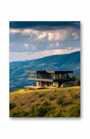 Modern glass house overlooking lush hillside and mountain scenery under dramatic sky
