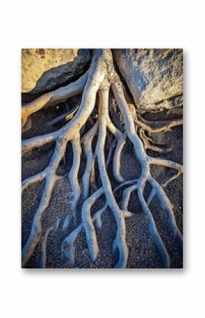 Intricate patterns of exposed roots and stones create natural textures