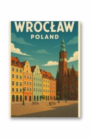 Vintage travel poster of Wrocław Poland showing the colorful old town buildings and historic town hall with a tall clock tower under a dramatic sky