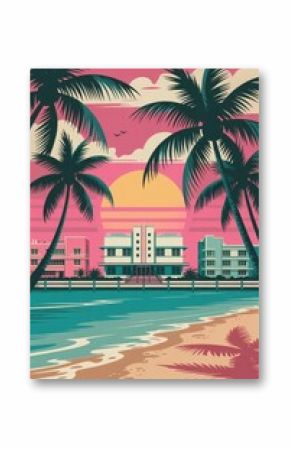 Vintage Travel Poster of Miami Beach Art Deco Buildings, USA 