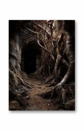 A dark, sinister cave tunnel like pathway formed by twisted tree roots and branches. The scene is mysterious and foreboding, hinting at an adventure or exploration theme.