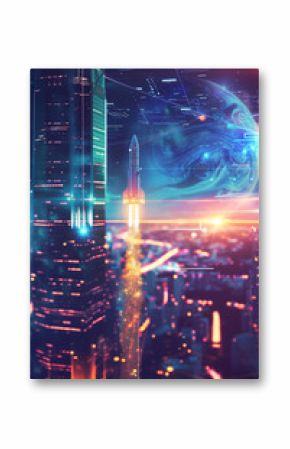 Futuristic Cityscape: Rocket Launch, Ascending into Space, Bright Lights, Advanced Urbanization, Technological Progress, Hope for the Future
