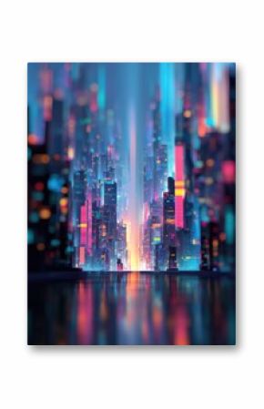 Vibrant futuristic cityscape at night with tall illuminated skyscrapers reflecting colors on water and a glowing skyline with digital lights