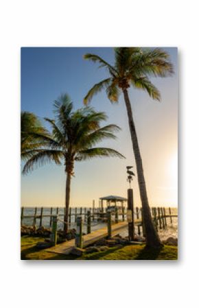 Boat pier and palm trees, sunset landscape on the Banana River in Cocoa Beach, Florida