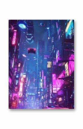 Futuristic cyberpunk city street at night with flying vehicles and neon lights