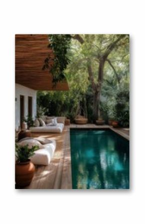 Elegant Outdoor Lounge Area With Serene Pool Surrounded by Lush Greenery in a Private Garden Setting